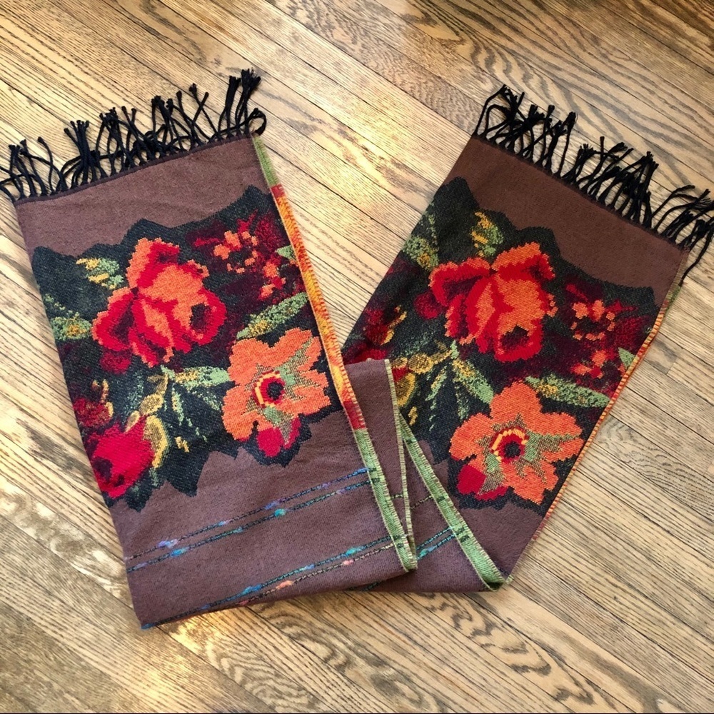 Woven Floral Pattern Scarf/Shawl Brown Orange Red Green Yellow​​